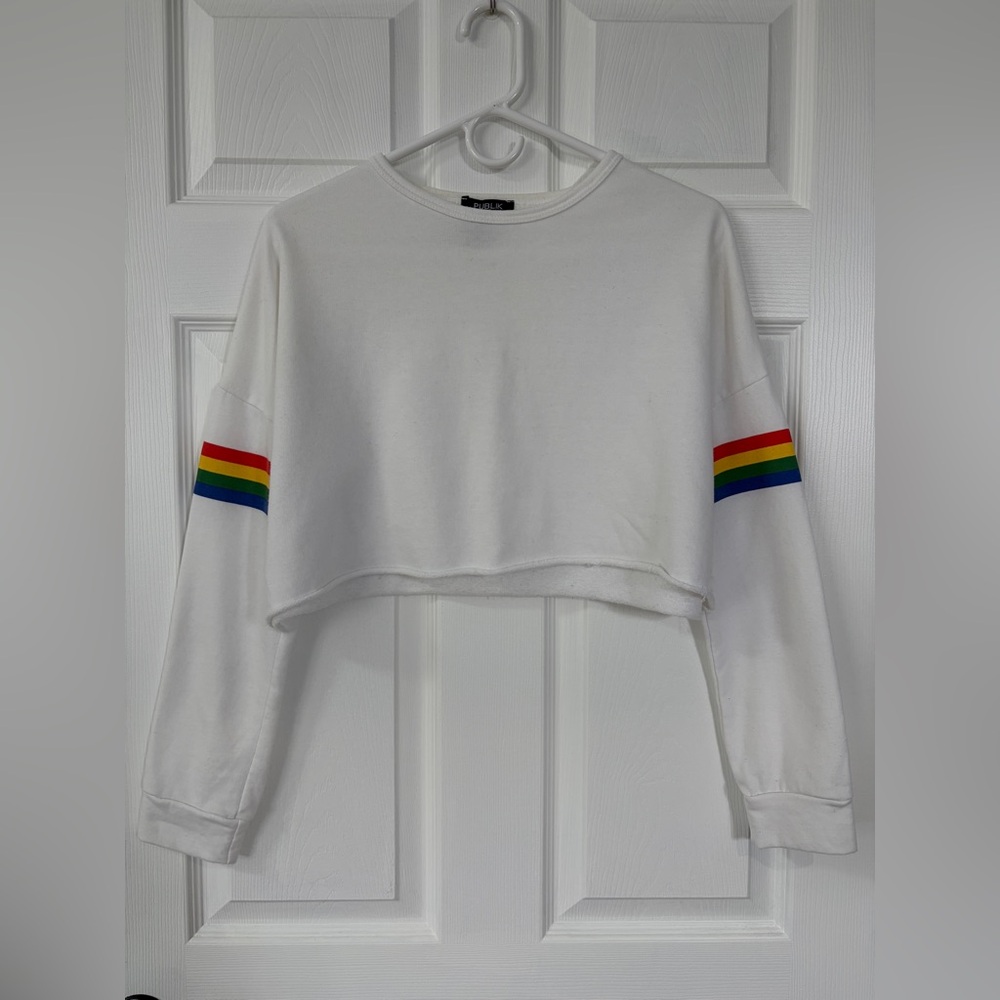 Publik White Crop Sweatshirt with Rainbow Stripe Sleeves (Size M)